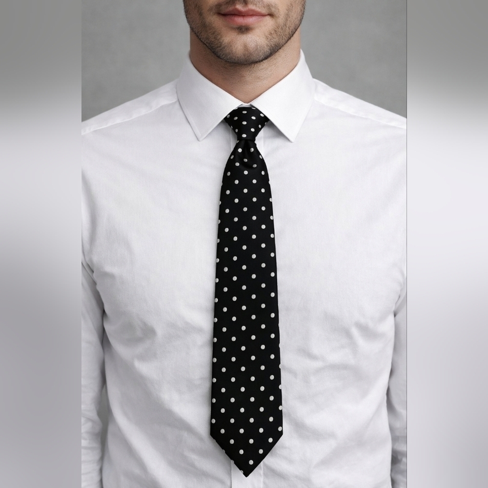 PAUL FREDRICK Black & White Embroidered Polka Dot Silk Tie